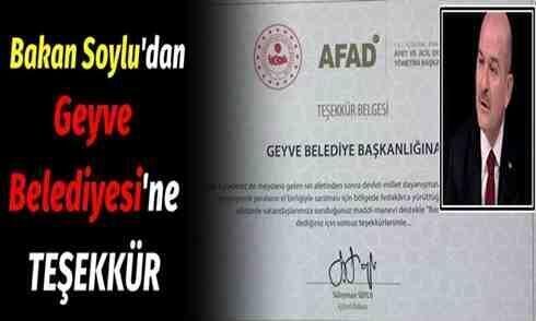 Bakan Soylu’dan Geyve Belediyesi’ne teşekkür