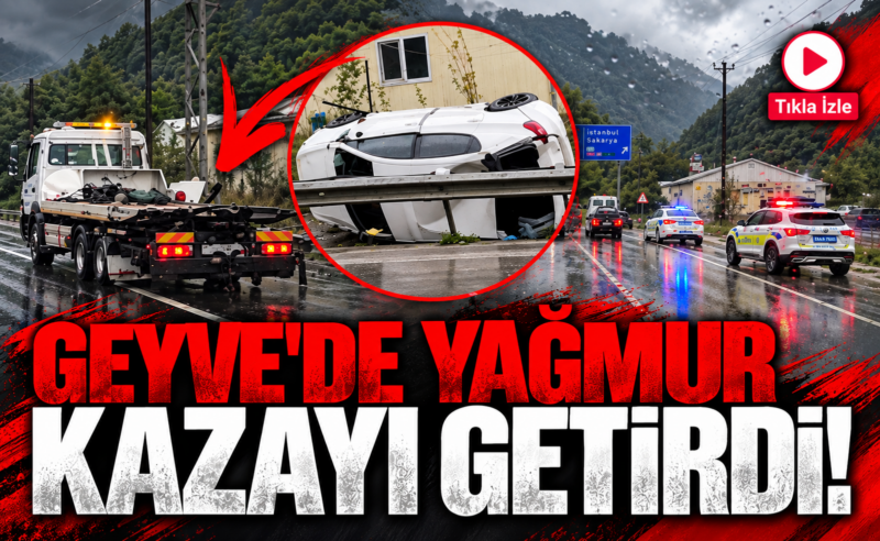 Geyve’de yağmur kazayı getirdi! Otomobil bariyerleri aşıp devrildi