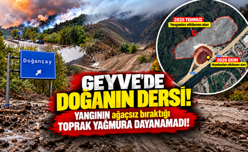 Geyve’de doğanın dersi! Yangının yaraladığı toprak yağmura dayanamadı.